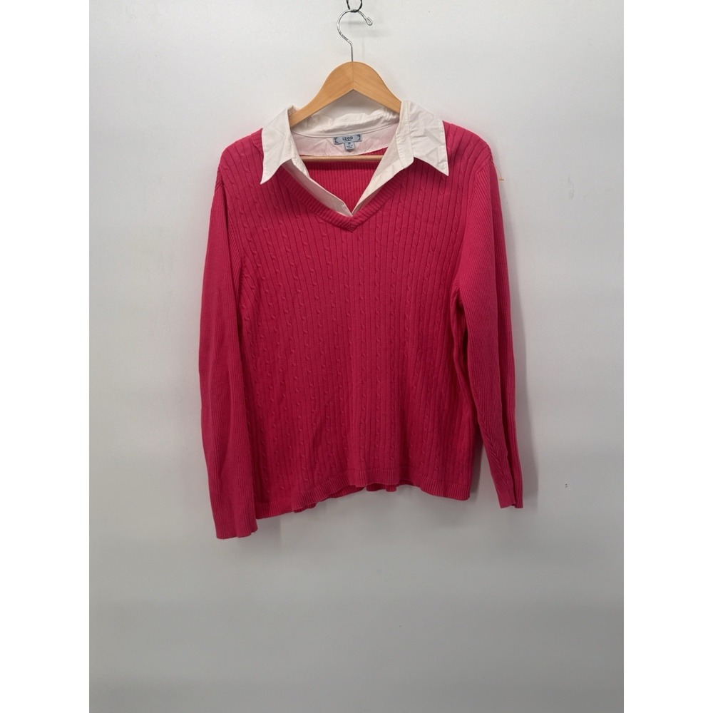 Vintage Izod Stripped Sweater Collared‎ Faux Layered SZ 1X Barbiecore Y2K PINK